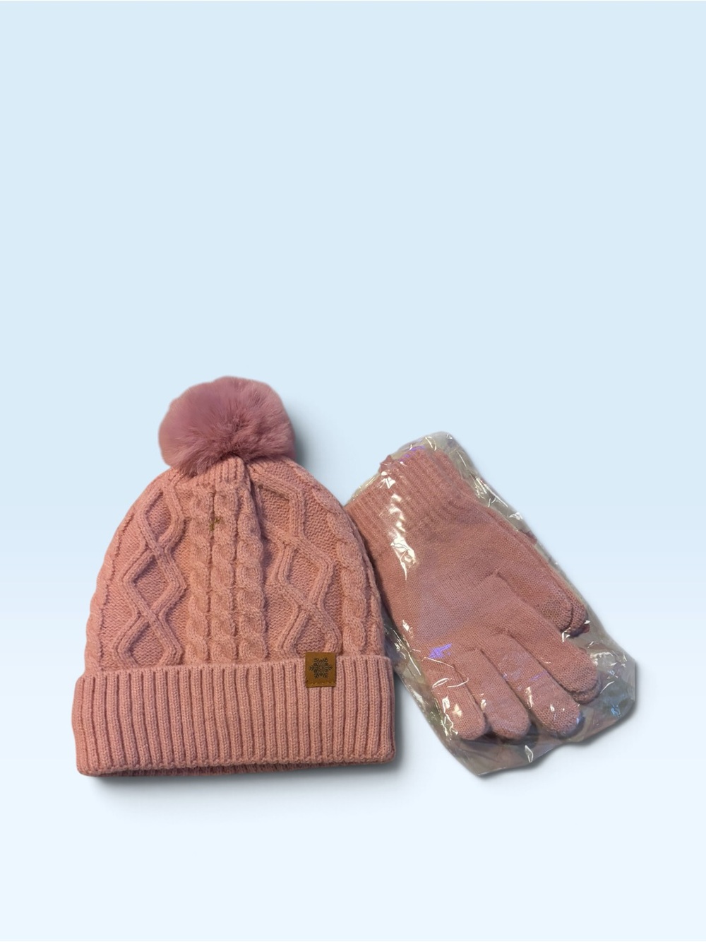Womens Pink Pom Beanie and Gloves Set